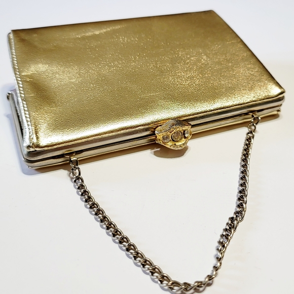 Avon Gold Clutch Evening Bag Purse Strap Gemstone Snap